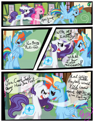 Size: 3500x4500 | Tagged: safe, artist:becauseimpink, imported from derpibooru, pinkie pie, rainbow dash, rarity, earth pony, pegasus, pony, unicorn, comic:transition, angry, bubble berry, comic, dialogue, elusive, male, rainbow blitz, rule 63, running, saddle bag, stallion, transgender, unshorn fetlocks