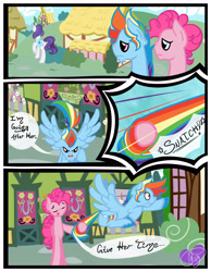 Size: 3500x4500 | Tagged: safe, artist:becauseimpink, imported from derpibooru, pinkie pie, rainbow dash, rarity, earth pony, pegasus, pony, unicorn, comic:transition, angry, bubble berry, comic, dexterous hooves, dialogue, elusive, eyes closed, flying, male, rainbow blitz, rule 63, sad, stallion, tail, tail pull, transgender