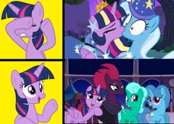 Size: 981x698 | Tagged: safe, artist:徐詩珮, imported from derpibooru, fizzlepop berrytwist, glitter drops, spring rain, tempest shadow, trixie, twilight sparkle, twilight sparkle (alicorn), alicorn, pony, unicorn, series:sprglitemplight diary, series:springshadowdrops diary, broken horn, clothes, cute, female, glitterbetes, glitterlight, glittershadow, horn, hotline bling, lesbian, mare, meme, polyamory, scarf, shipping, sprglitemplight, springbetes, springdrops, springlight, springshadow, springshadowdrops, tempestbetes, tempestlight, twiabetes, twixie