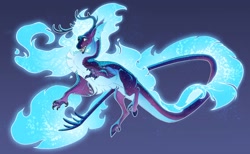 Size: 1140x701 | Tagged: safe, artist:turnipberry, imported from derpibooru, oc, oc only, oc:baurealis, dracony, dragon, hybrid, pony, antlers, chest fluff, cloven hooves, dewclaw, ethereal mane, fangs, floating, grin, interspecies offspring, offspring, parent:princess luna, parent:spike, parents:spiluna, purple background, simple background, smiling, solo