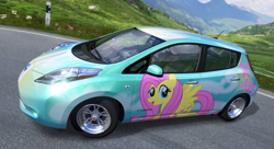 Size: 1079x589 | Tagged: safe, artist:nrxia, imported from derpibooru, fluttershy, pegasus, pony, car, female, forza motorsport 4, game screencap, itasha, mare, nissan, nissan leaf, video game