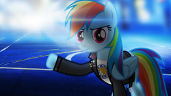 Size: 2444x1375 | Tagged: safe, artist:bastbrushie, artist:sebisscout1997, imported from derpibooru, rainbow dash, pegasus, pony, clothes, female, grand theft auto, greaser, jacket, leather jacket, lens flare, rebel, road, solo