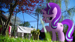 Size: 3840x2160 | Tagged: safe, artist:bastbrushie, artist:dashiesparkle, imported from derpibooru, starlight glimmer, pony, bedroom eyes, equal cutie mark, fence, garden, irl, photo, ponies in real life, pose, raised hoof, s5 starlight, shadow, solo, tree, vector, yard