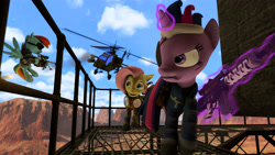 Size: 4223x2375 | Tagged: safe, artist:bastbrushie, imported from derpibooru, fluttershy, rainbow dash, twilight sparkle, pegasus, pony, unicorn, 3d, apache, black mesa, half-life, helicopter, source filmmaker, weapon