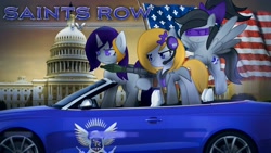 Size: 1920x1080 | Tagged: safe, artist:bastbrushie, imported from derpibooru, oc, earth pony, pegasus, pony, unicorn, car, flag, rocket launcher, saints row, washington, washington d.c.