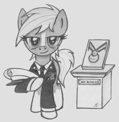 Size: 914x943 | Tagged: safe, artist:lockerobster, imported from derpibooru, oc, oc only, earth pony, pony, /mlp/, army, cap, dress uniform, female, hat, lidded eyes, looking at you, mare, medal, military, military uniform, monochrome, necktie, ponified, sergeant reckless, smiling, solo, warpone