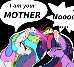 Size: 4059x3705 | Tagged: safe, artist:cuddlelamb, imported from derpibooru, princess celestia, twilight sparkle, pony, blushing, crossed horns, eyes closed, glowing horn, horn, horns are touching, i am your father, lightsaber, luke i am your father, magic, star wars, weapon