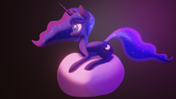 Size: 3840x2160 | Tagged: safe, artist:silshadnic, imported from derpibooru, princess luna, alicorn, pony, beanbag, ear fluff, female, side view, simple background, sitting, smiling, solo