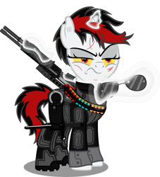 Size: 5183x5710 | Tagged: safe, artist:vector-brony, imported from derpibooru, oc, oc only, oc:blackjack, pony, unicorn, fallout equestria, fallout equestria: project horizons, absurd resolution, ammunition, clothes, fanfic art, female, grim reaper, gun, horn, levitation, magic, mare, scar, simple background, small horn, solo, sunglasses, telekinesis, transparent background, weapon
