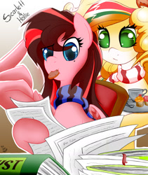 Size: 1590x1880 | Tagged: safe, artist:neod, imported from derpibooru, oc, oc only, oc:hollie, oc:scarlett a la creme, earth pony, pegasus, blonde, blue eyes, book, clothes, cookie, cup, food, green eyes, head scratch, muffin, pink coat, scarf, taxes, teacup