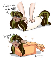 Size: 1143x1280 | Tagged: safe, artist:whisperfoot, imported from derpibooru, oc, oc only, oc:helemaranth, bread pony, food pony, human, pegasus, pony, adorable distress, bad end, baguette, big no, bread, cute, disembodied arm, disembodied hand, dough, female, floppy ears, food, food transformation, frown, gift art, hand, inanimate tf, kneading, lidded eyes, literal, mare, meme, not salmon, open mouth, ponified meme, ponyloaf, pun, puns in the comments, sad, sadorable, silly, simple background, solo focus, sparkles, teary eyes, transformation, wat, wavy mouth, white background