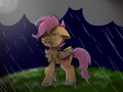 Size: 1024x768 | Tagged: safe, artist:badimo, imported from derpibooru, scootaloo, pegasus, pony, chest fluff, cloud, crying, cutie mark, eyes closed, female, filly, floppy ears, foal, folded wings, grass, hill, moon, night, rain, raised hoof, sad, signature, solo, storm, the cmc's cutie marks, wet, wings