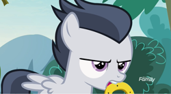 Size: 1179x652 | Tagged: safe, imported from derpibooru, screencap, rumble, pegasus, pony, marks and recreation, annoyed, colt, discovery family logo, horseshoes, male, mouth hold, solo