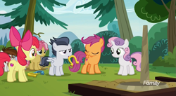 Size: 1177x647 | Tagged: safe, imported from derpibooru, screencap, apple bloom, kettle corn, pipsqueak, rumble, scootaloo, skeedaddle, sweetie belle, earth pony, pegasus, pony, unicorn, marks and recreation, colt, cutie mark, cutie mark crusaders, cutie mark day camp, discovery family logo, female, filly, frown, horseshoes, male, the cmc's cutie marks