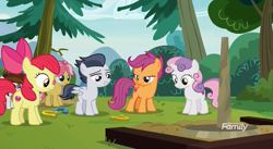 Size: 1177x647 | Tagged: safe, imported from derpibooru, screencap, apple bloom, kettle corn, pipsqueak, rumble, scootaloo, skeedaddle, sweetie belle, earth pony, pegasus, pony, unicorn, marks and recreation, colt, cutie mark, cutie mark crusaders, cutie mark day camp, discovery family logo, female, filly, horseshoes, looking down, male, the cmc's cutie marks