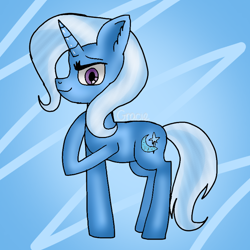 Size: 768x768 | Tagged: safe, artist:badimo, imported from derpibooru, trixie, pony, unicorn, abstract background, ear fluff, female, horn, looking at you, mare, raised hoof, signature, smiling, solo, standing