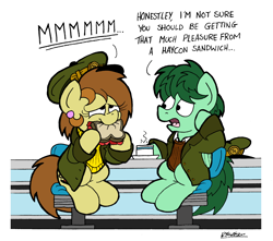 Size: 2236x1975 | Tagged: safe, artist:bobthedalek, imported from derpibooru, oc, oc only, oc:bubble pump, oc:clippy ticket, earth pony, pegasus, pony, comic:trottingham transport, chair, clothes, cup, diner, female, food, hat, jacket, male, sandwich, sweater, teacup, thick outline