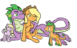 Size: 682x430 | Tagged: safe, artist:miesdo, imported from derpibooru, applejack, spike, oc, oc:apple fire, oc:appleheart, dracony, hybrid, alternate hairstyle, applespike, female, interspecies offspring, loose hair, lying down, male, offspring, older, older applejack, older spike, parent:applejack, parent:spike, parents:applespike, preggo jack, pregnant, shipping, simple background, straight, white background