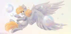 Size: 2362x1122 | Tagged: safe, artist:melloncollie-chan, imported from derpibooru, derpy hooves, pegasus, pony, bubble, chest fluff, cute, derpabetes, ear fluff, female, mare, profile, simple background, solo, spread wings, white background, wings