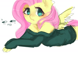 Size: 1280x960 | Tagged: safe, artist:marinakirby, imported from derpibooru, fluttershy, anthro, bottomless, clothes, cute, female, looking at you, off shoulder, partial nudity, prone, shyabetes, simple background, solo, sweater, sweatershy, white background