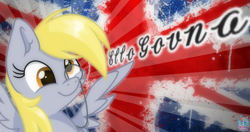 Size: 1821x965 | Tagged: safe, artist:rainbow eevee, imported from derpibooru, derpy hooves, pegasus, pony, britain, british, cute, derp, england, female, flag, solo, united kingdom, wallpaper