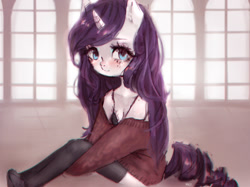 Size: 1280x956 | Tagged: safe, artist:marinakirby, deleted from derpibooru, imported from derpibooru, rarity, anthro, alternate hairstyle, clothes, cute, female, lace, lingerie, looking at you, off shoulder, raribetes, sitting, solo, stockings, sweater, thigh highs