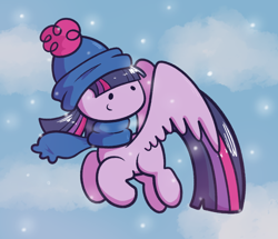 Size: 1400x1202 | Tagged: safe, artist:typhwosion, imported from derpibooru, twilight sparkle, alicorn, pony, clothes, cloud, cute, female, flying, hat, mare, no nose, scarf, sky, snow, snowfall, solo, twiabetes, twilight sparkle (alicorn), winter, winter outfit