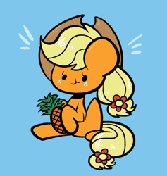 Size: 1062x1120 | Tagged: safe, artist:typhwosion, imported from derpibooru, applejack, earth pony, pony, blue background, cute, dot eyes, eating, female, flower, flower in hair, food, herbivore, jackabetes, mare, pineapple, simple background, sitting, solo