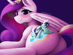 Size: 4000x3000 | Tagged: safe, artist:smallhorses, imported from derpibooru, part of a set, princess cadance, oc, alicorn, pegasus, pony, blushing, butt, butt touch, cute, cutedance, dock, duo, eyes closed, female, hoof on butt, lovebutt, mare, micro, part of a series, plot, size difference, sleeping, smiling