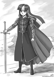 Size: 800x1150 | Tagged: safe, artist:johnjoseco, imported from derpibooru, twilight sparkle, human, anduril, aragorn, female, gondor, grayscale, hauberk, humanized, longsword, lord of the rings, monochrome, pauldron, solo, sword, tolkien, weapon, white tree of gondor, windswept hair