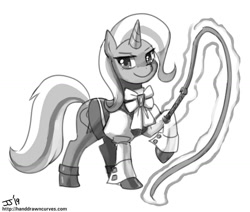 Size: 1500x1269 | Tagged: safe, artist:johnjoseco, imported from derpibooru, trixie, pony, unicorn, ace attorney, female, franziska von karma, looking at you, magic, mare, monochrome, raised hoof, simple background, smiling, smug, solo, telekinesis, whip, white background