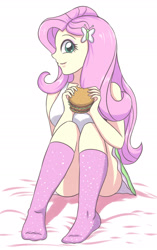 Size: 1345x2146 | Tagged: safe, artist:sumin6301, imported from derpibooru, fluttershy, equestria girls, ass, burger, butt, clothes, cute, female, flutterbutt, food, hamburger, miniskirt, schrödinger's pantsu, sidemouth, skirt, socks, solo, thighs, upskirt denied