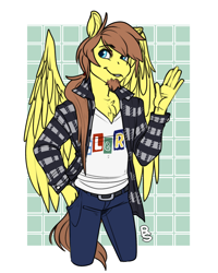 Size: 1400x1750 | Tagged: safe, artist:rancid art studio, imported from derpibooru, oc, oc only, oc:rory kenneigh, anthro, pegasus, anthro oc, beard, chest fluff, clerks, clothes, facial hair, pegasus oc, solo, wings