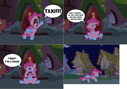 Size: 2340x1634 | Tagged: safe, artist:pippy, imported from derpibooru, pinkie pie, earth pony, pony, pinkiepieskitchen, captain obvious, clothes, comic, dignified wear, dress, female, furry confusion, gala dress, gasp, horses doing horse things, late, mare, solo, sudden realization, taxi