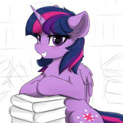 Size: 500x500 | Tagged: safe, artist:d.w.h.cn, imported from derpibooru, twilight sparkle, alicorn, semi-anthro, book, chest fluff, cute, ear fluff, female, human shoulders, leg fluff, looking at you, mare, shoulder fluff, simple background, sitting, smiling, solo, twiabetes, twilight sparkle (alicorn)