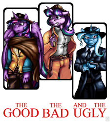 Size: 2920x3240 | Tagged: safe, artist:stormblaze-pegasus, imported from derpibooru, starlight glimmer, trixie, twilight sparkle, anthro, clothes, gun, handgun, hat, holster, necktie, revolver, the good the bad and the ugly