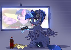 Size: 3500x2480 | Tagged: safe, artist:lakunae, imported from derpibooru, princess luna, twilight sparkle, alicorn, pony, chips, controller, female, food, game, headphones, headset, looking at you, looking back, looking back at you, magic, mare, rear view, simple background, sitting, telekinesis, tongue out, twilight sparkle (alicorn), wings