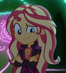 Size: 969x1073 | Tagged: safe, imported from derpibooru, screencap, sunset shimmer, equestria girls, equestria girls series, sunset's backstage pass!, spoiler:eqg series (season 2), clothes, cropped, crossed arms, cute, female, jacket, maze, neon garden maze, perplexed, shimmerbetes, solo