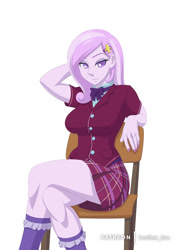 Size: 848x1200 | Tagged: safe, artist:brother-tico, imported from derpibooru, fleur-de-lis, equestria girls, arm behind head, bedroom eyes, breasts, busty fleur-de-lis, chair, clothes, crossed legs, crystal prep academy uniform, female, legs, looking at you, miniskirt, miss fleur is trying to seduce us, plaid skirt, pleated skirt, school uniform, sexy, simple background, sitting, skirt, socks, solo, stupid sexy fleur-de-lis, thighs, uniform, white background