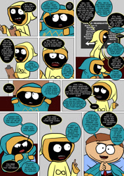 Size: 800x1133 | Tagged: safe, artist:imbriaart, imported from derpibooru, human, comic:magic princess war, clipboard, cloak, clothes, comic, crossover, eric cartman, rick and morty, south park