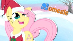 Size: 1280x720 | Tagged: safe, artist:leadhooves, artist:nicolasnsane, artist:vannamelon, imported from derpibooru, fluttershy, pegasus, pony, christmas, clothes, hat, holiday, omegle, santa hat, snow, thumbnail, vannamelon