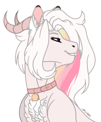 Size: 1280x1536 | Tagged: safe, artist:akumajdragon, imported from derpibooru, oc, oc only, oc:breu, pony, bust, chest fluff, collar, female, horns, portrait, simple background, solo, transparent background