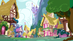 Size: 5120x2880 | Tagged: safe, artist:ronald rose, imported from derpibooru, background, canterlot castle, cloud, flower, hill, house, no pony, partly cloudy, ponyville, road, tree, well