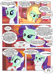 Size: 868x1228 | Tagged: safe, artist:dziadek1990, edit, edited screencap, imported from derpibooru, screencap, applejack, rarity, comic:sunny day, look before you sleep, annoyed, comic, conversation, dialogue, dungeons and dragons, excited, golden oaks library, in character, library, mud mask, pen and paper rpg, rpg, screencap comic, slice of life, spitting, tabletop game, text, yelling