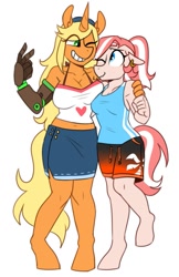 Size: 689x1064 | Tagged: safe, artist:redxbacon, imported from derpibooru, oc, oc only, oc:coral, oc:tangy mandarin, oc:tangy tarts, anthro, earth pony, unguligrade anthro, unicorn, amputee, anthro oc, digital art, female, prosthetic limb, prosthetics, simple background, smiling, white background