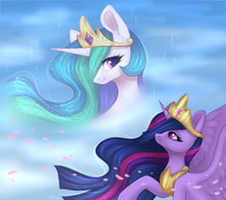 Size: 4000x3540 | Tagged: safe, artist:avrameow, imported from derpibooru, princess celestia, twilight sparkle, alicorn, pony, the last problem, big crown thingy 2.0, digital art, end of ponies, female, mare, older, older twilight, princess twilight 2.0, smiling, spiritlestia, twilight sparkle (alicorn)