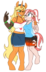 Size: 689x1064 | Tagged: safe, alternate version, artist:redxbacon, imported from derpibooru, oc, oc only, oc:coral, oc:tangy mandarin, oc:tangy tarts, anthro, earth pony, unguligrade anthro, unicorn, amputee, anthro oc, belly button, blushing, clothes, denim skirt, digital art, female, midriff, prosthetic limb, prosthetics, shorts, skirt, smiling, tanktop