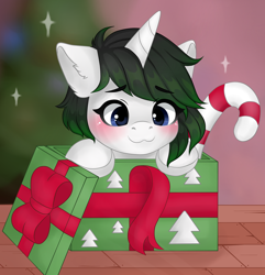 Size: 2990x3100 | Tagged: safe, artist:yomechka, artist:yourmeow, imported from derpibooru, oc, oc only, oc:vex vixen, pony, unicorn, blushing, box, candy, candy cane, christmas, cute, female, filly, food, holiday, pony in a box, present, short hair, solo