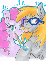 Size: 6888x9166 | Tagged: safe, artist:vederlicht, imported from derpibooru, pinkie pie, oc, oc:cloud cuddler, earth pony, pony, :p, accessories, accessory, canon x oc, cute, glasses, party horn, simple background, tongue out, traditional art