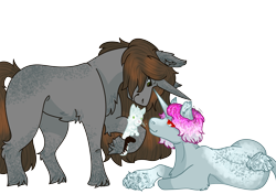 Size: 4961x3496 | Tagged: safe, artist:midnight-drip, imported from derpibooru, oc, oc only, oc:chord, oc:songbird nightingale, dog, unicorn, female, male, mare, prone, simple background, stallion, transparent background